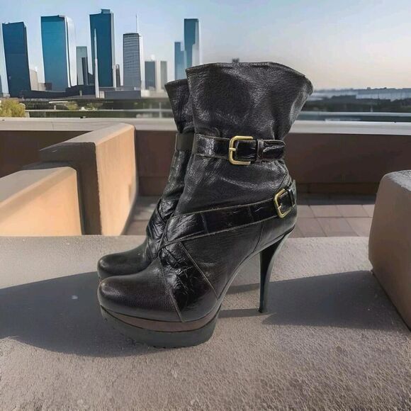 Stuart weitzman holdon Brown shark nappa Booties US 7 M High Heels Buckles Boots - Picture 1 of 12